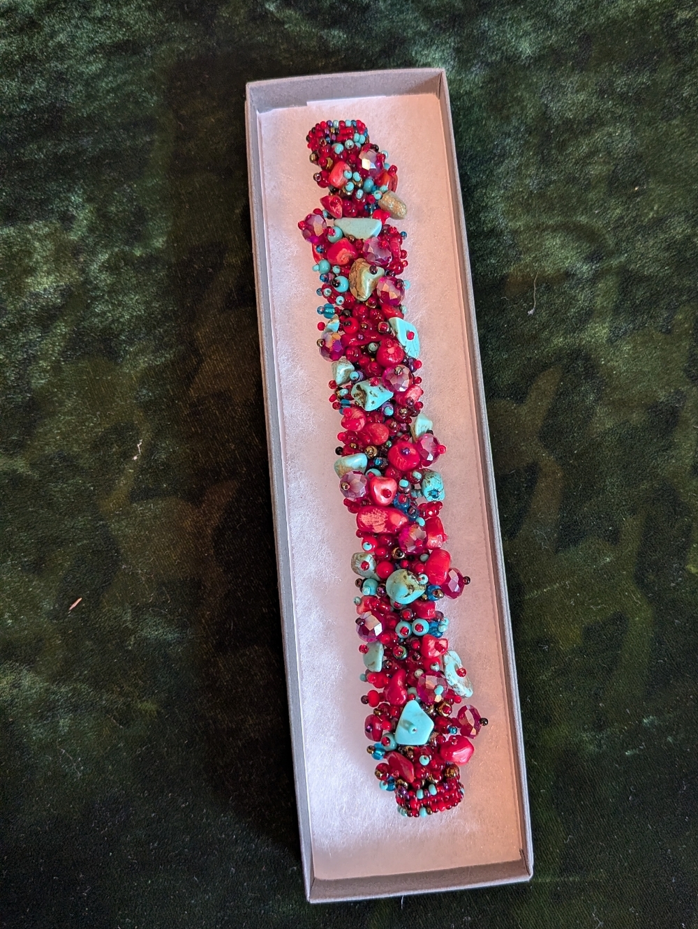 Handcrafted Artisan Made Red and Turquoise Glass Beaded Bracelet